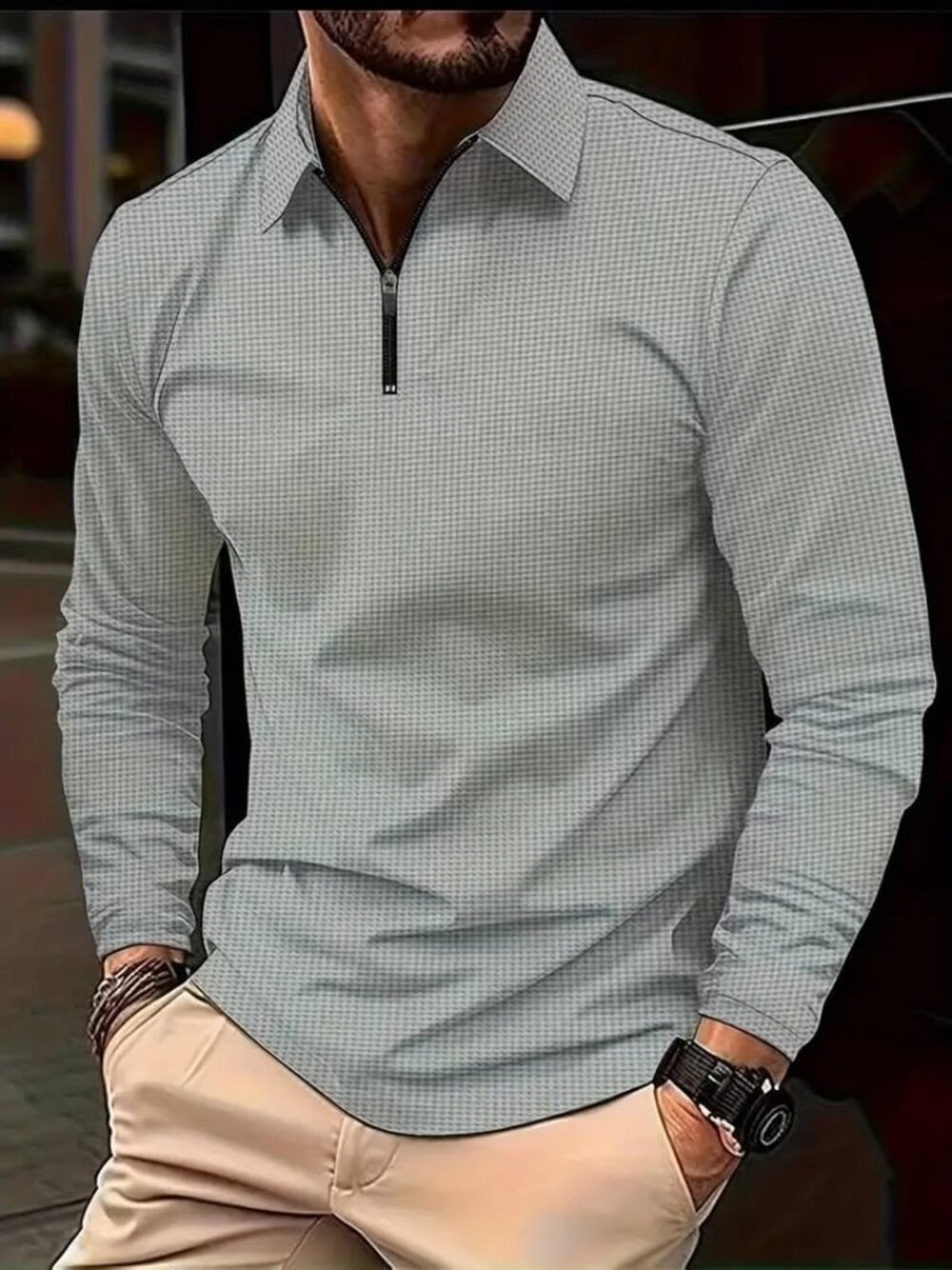 Brand New - Men's Casual Waffle Knit Shirt - Long Sleeve, Half-Zip Lapel Collar